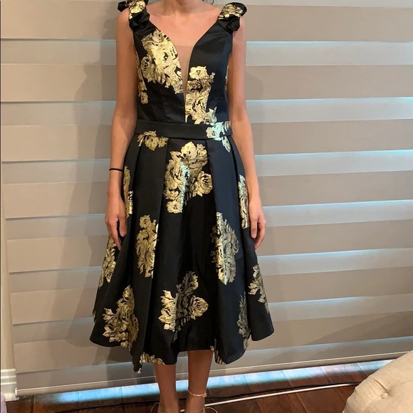 black and gold midi dress